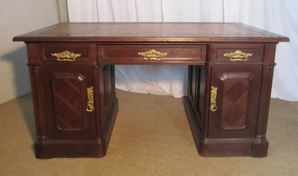 Large French Arts and Crafts Oak Pedestal Desk 