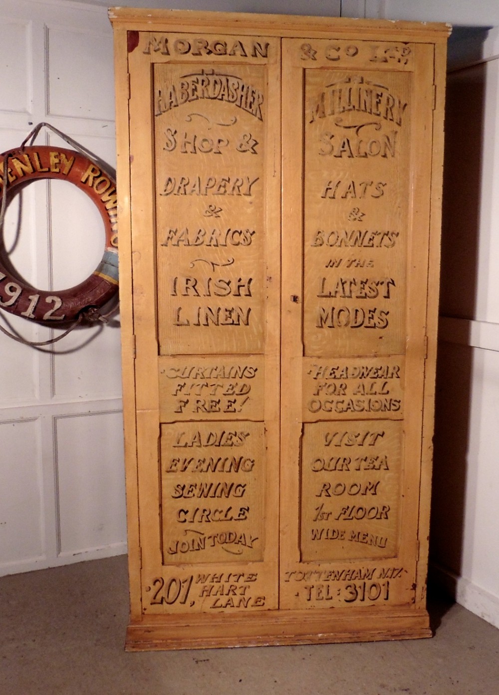 Victorian Sign Painted Pine Cupboard, Haberdashery Shop Display