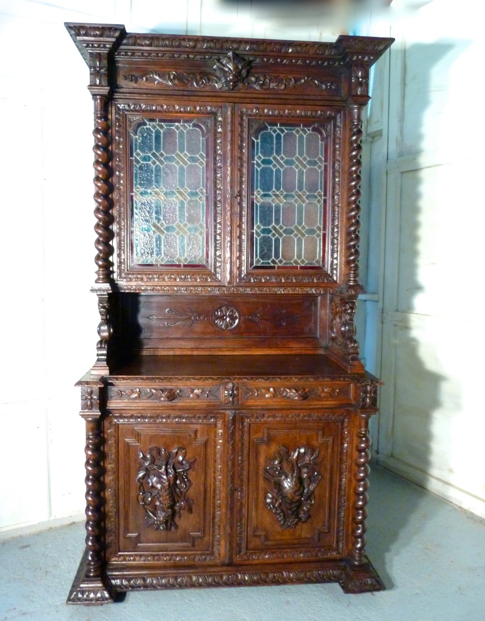Carved Oak Bookcase, Stained Glass, Buffet de Corps