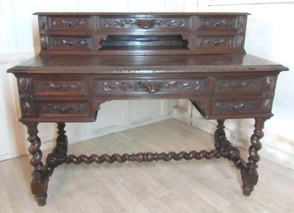 Carved French Oak Bonheur de Jour or Writing Table, Desk