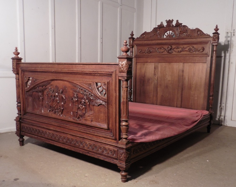 French Carved Chestnut Marriage Double Bed