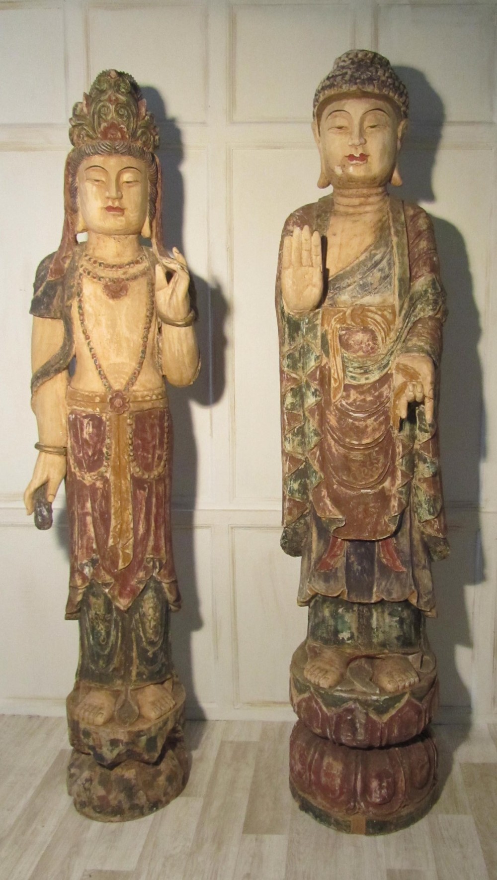 Antique Carved and Painted Statues of a Standing Male and Female Buddha