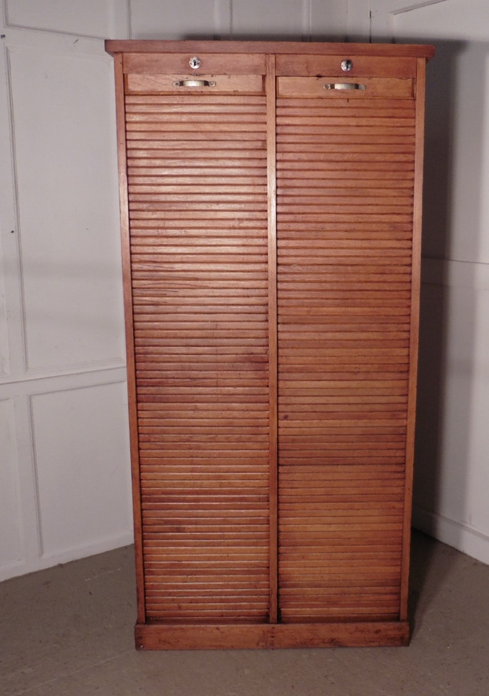 Tall Double Tambour Oak Art Deco Filing Cabinet