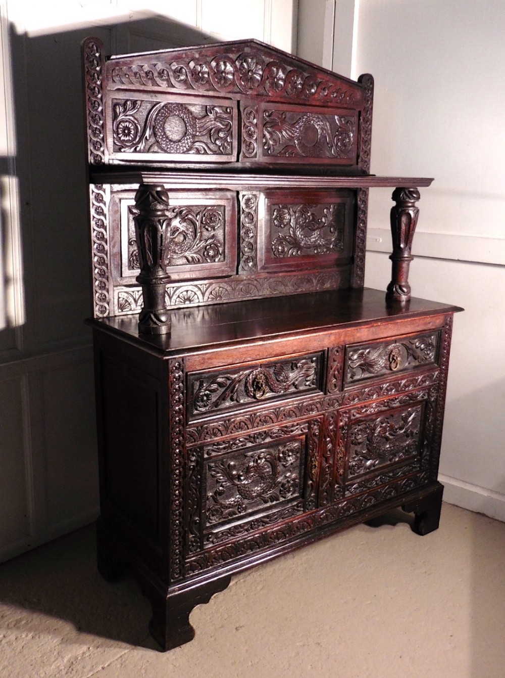 19th Century Carved Welsh Oak Sideboard, Dresser or Hall Cupboard 