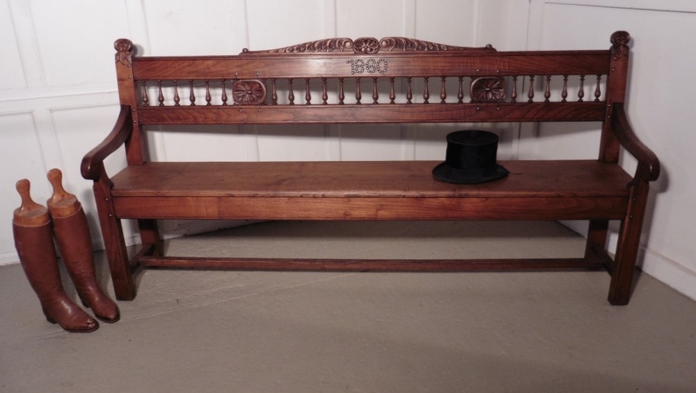Very Long French Carved Elm Bench, Settle