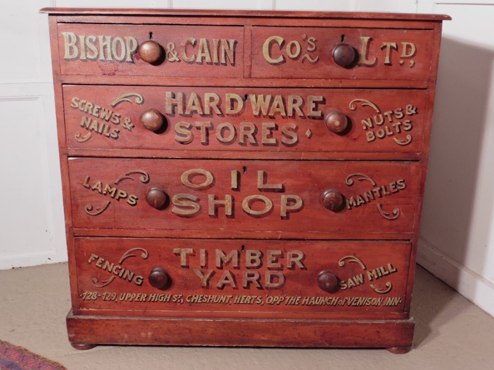Stained Pine Chest of Drawers, Advertising Bishop and Cain Ironmongers 