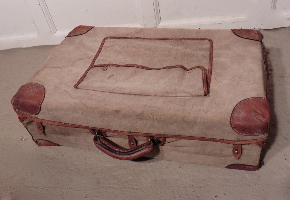 French Art Deco Leather Suit Case with Original Canvas Cover