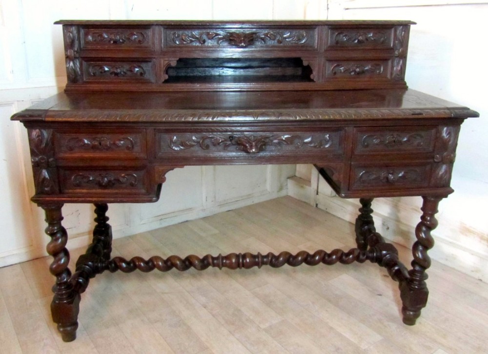 Carved French Oak Bonheur de Jour or Writing Table