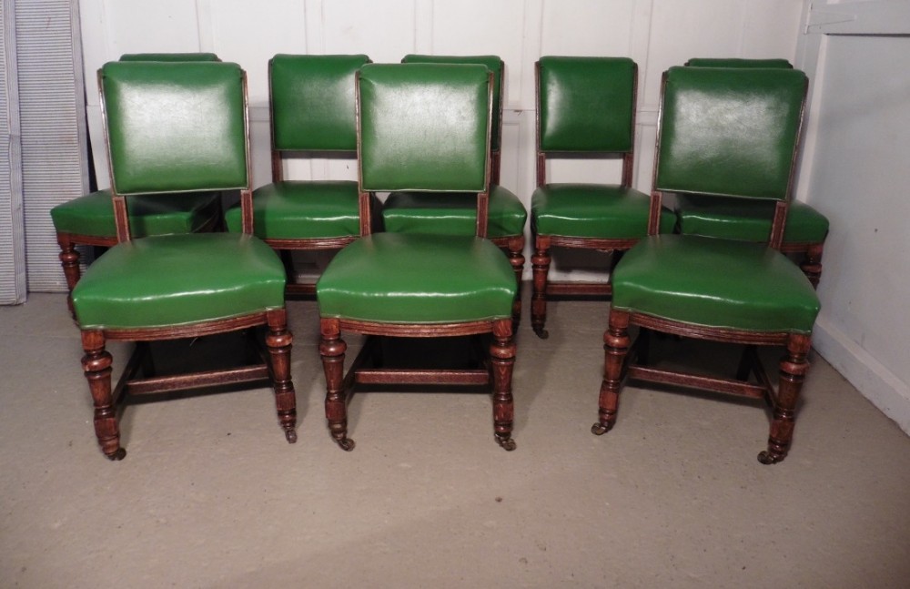 Set of 8 Heavy Arts and Crafts Gothic Oak and Leather Dining or Boardroom Chairs