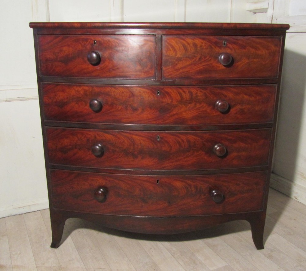 Georgian Flame Mahogany Bow Front Chest Of Drawers