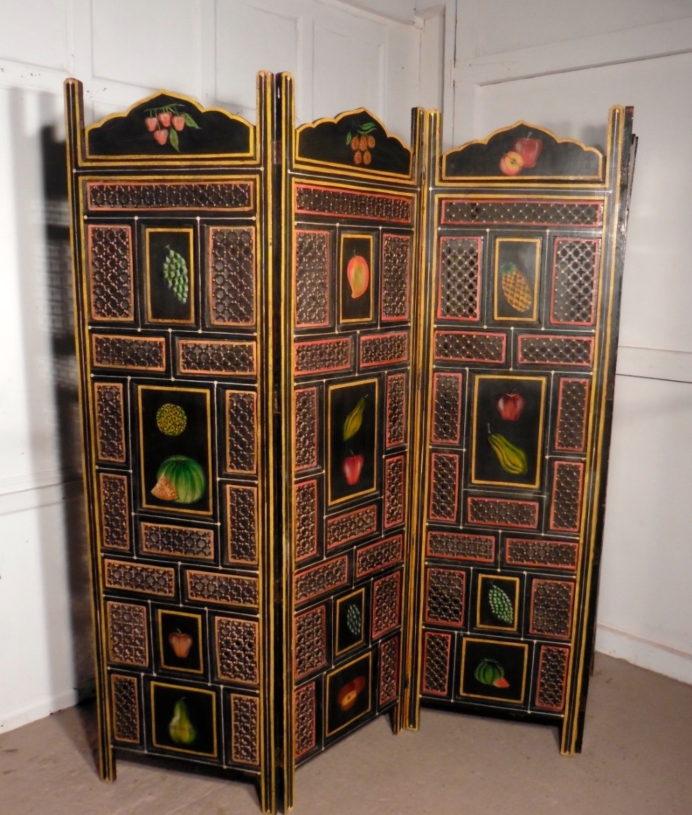 A Large 19th Century North African Folk Art Pierced, Painted 4 Fold Screen