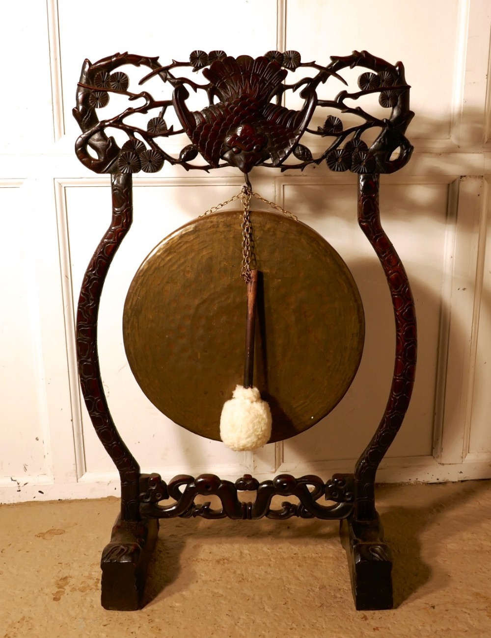 Oriental Carved Rosewood, Brass Dinner Gong