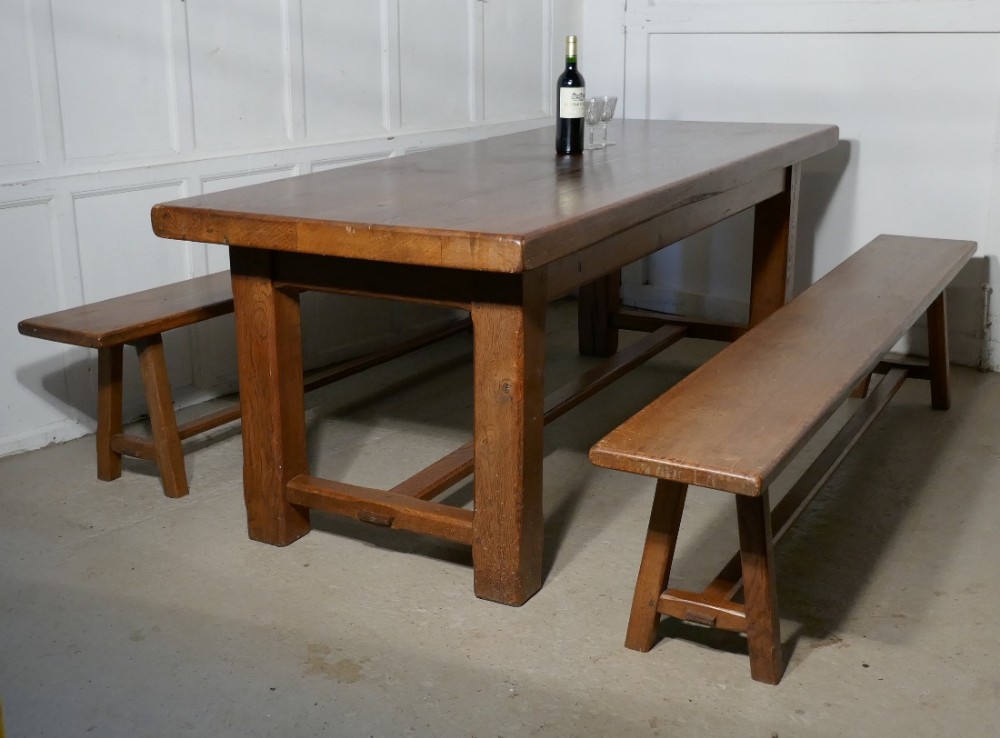 French Country Oak Farmhouse Table and Benches