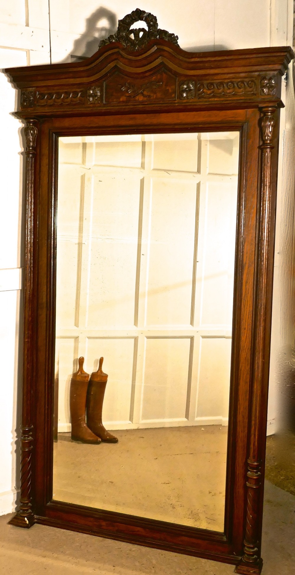 A Very Large French Carved Oak Wall Mirror (7ft tall)