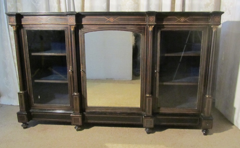 Black Lacquer Break Front Glazed Bookcase Credenza 
