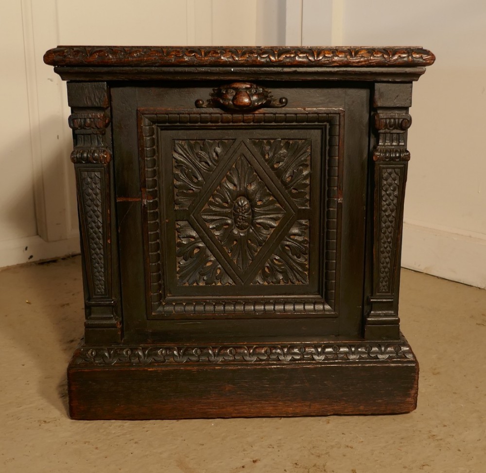 Victorian Gothic Carved Oak Purdonium or Green Man Coal Box