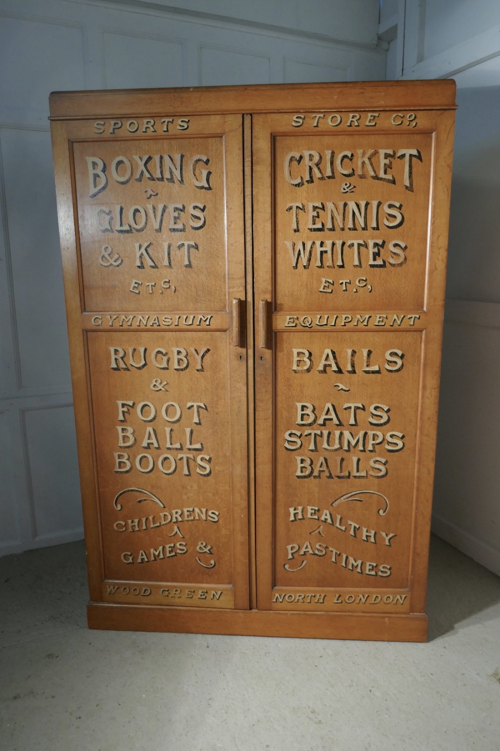 Edwardian Sign Painted Golden Oak Cupboard, Sports Wardrobe