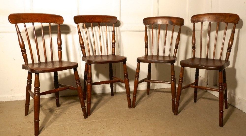 Set Of 4 Victorian Elm Seated Stick Back Windsor Kitchen Dining Chairs