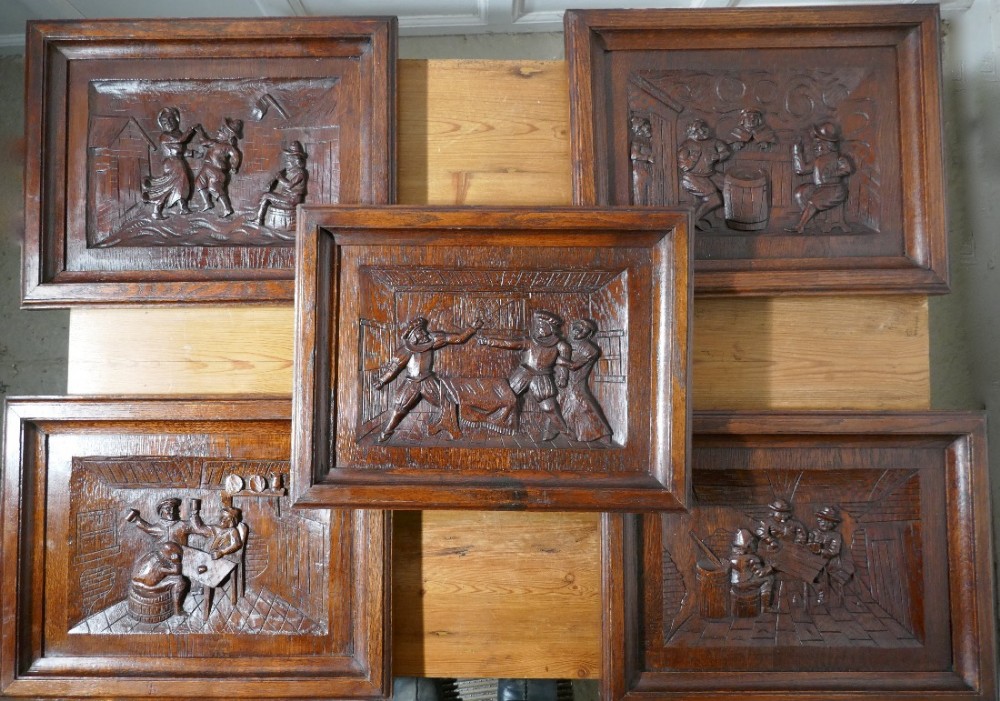 A Set of 5 Flemish Framed Carved Oak Panels, Tavern Scenes of Drinking and Merriment 