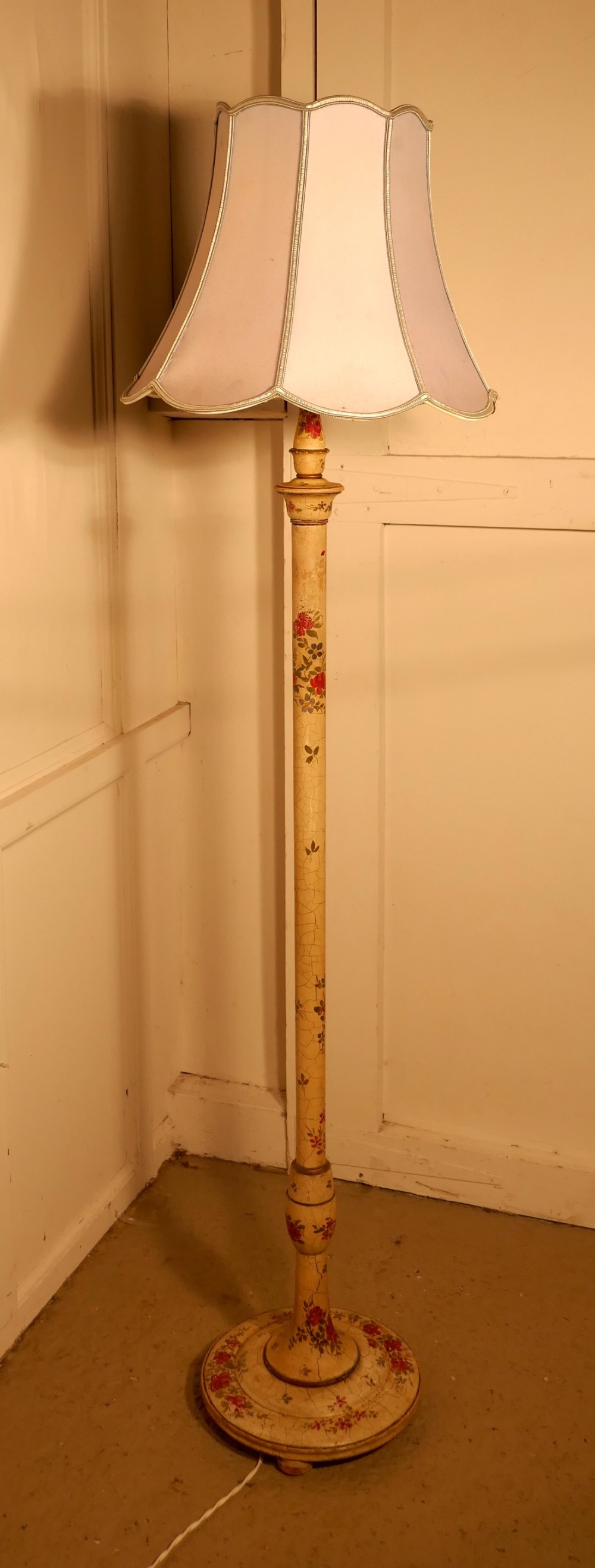 1920s Painted Floor Standing Lamp, Cream with Red Roses Shabby Crackle Glazed Finish