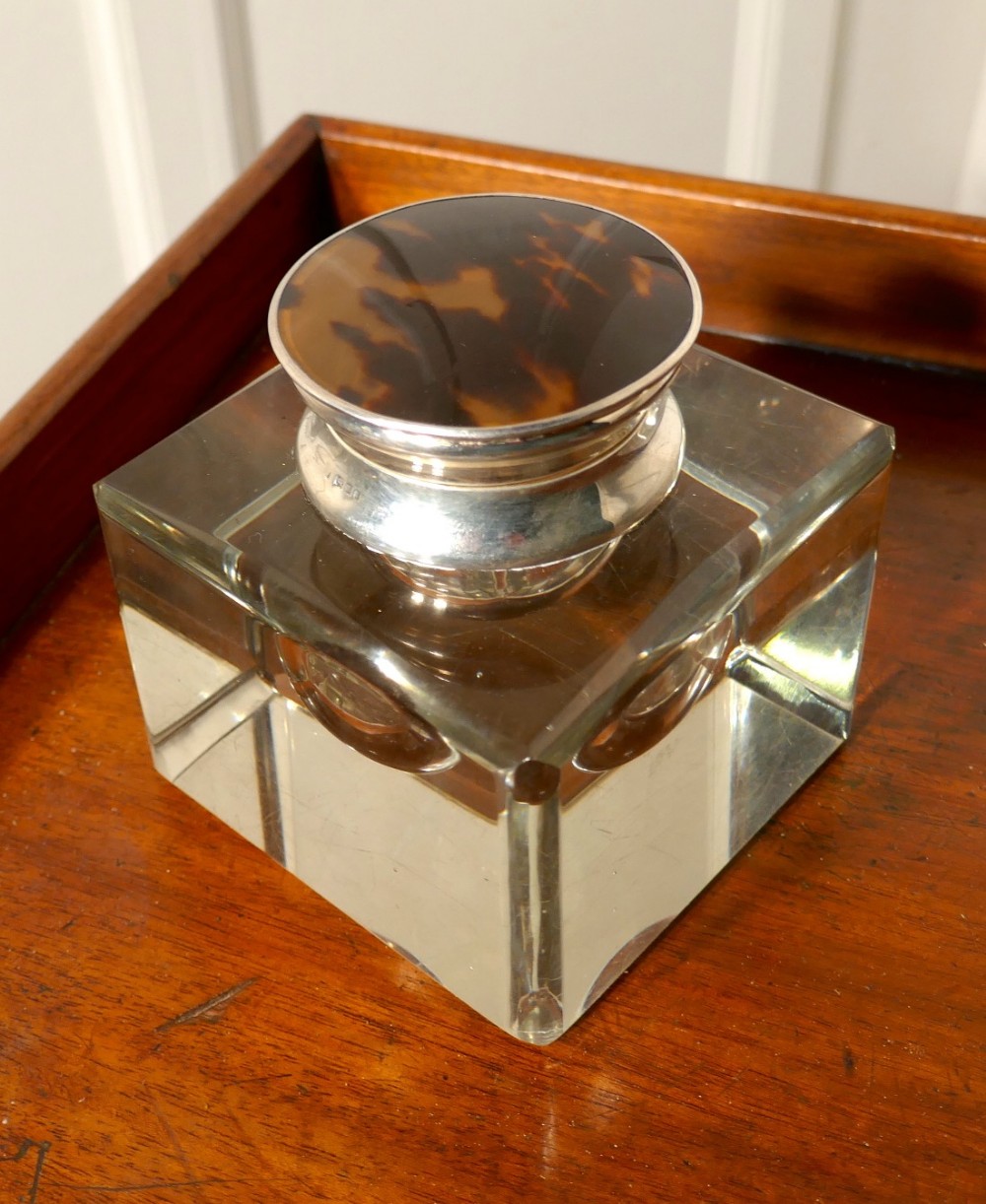 Large Art Deco Glass and Silver Ink Well by Asprey London