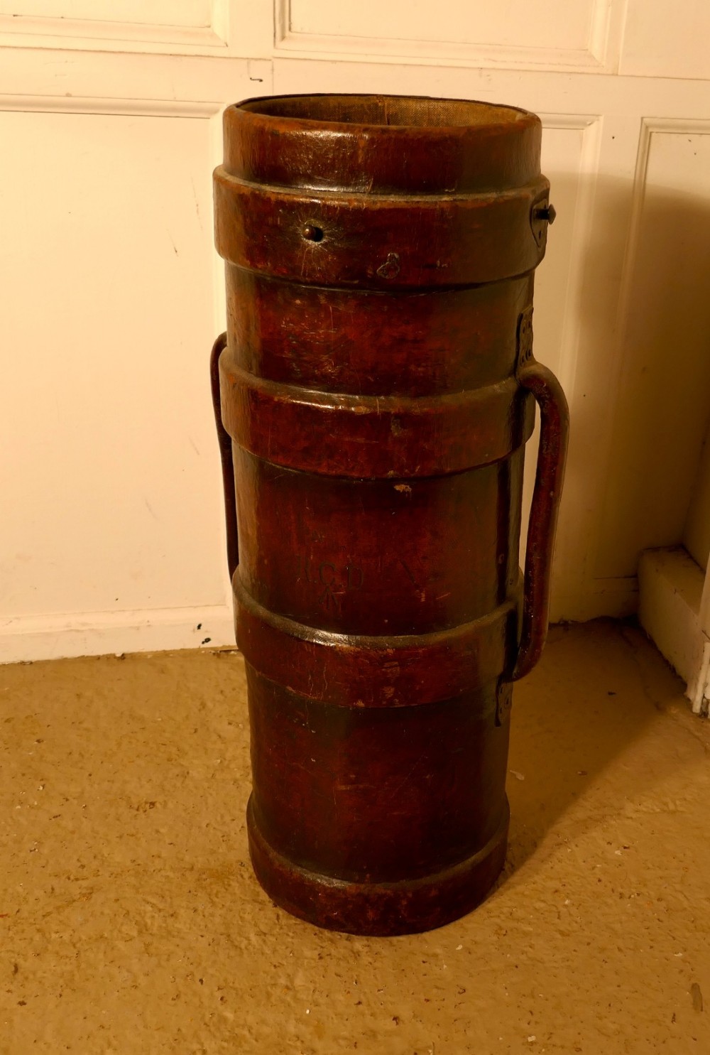 WWI Moulded Leather Artillery Shell Carrier with Three Reinforced Bands