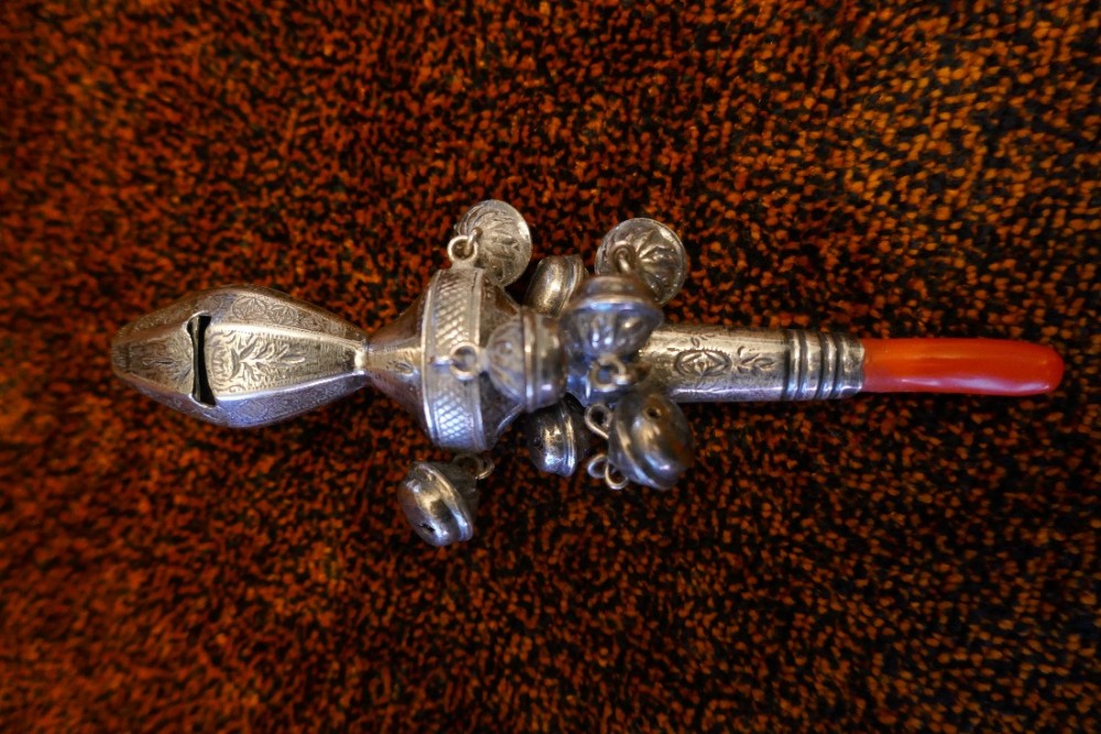 A 19th Century Silver Baby’ Rattle with Bells, Whistle and CoralTeether