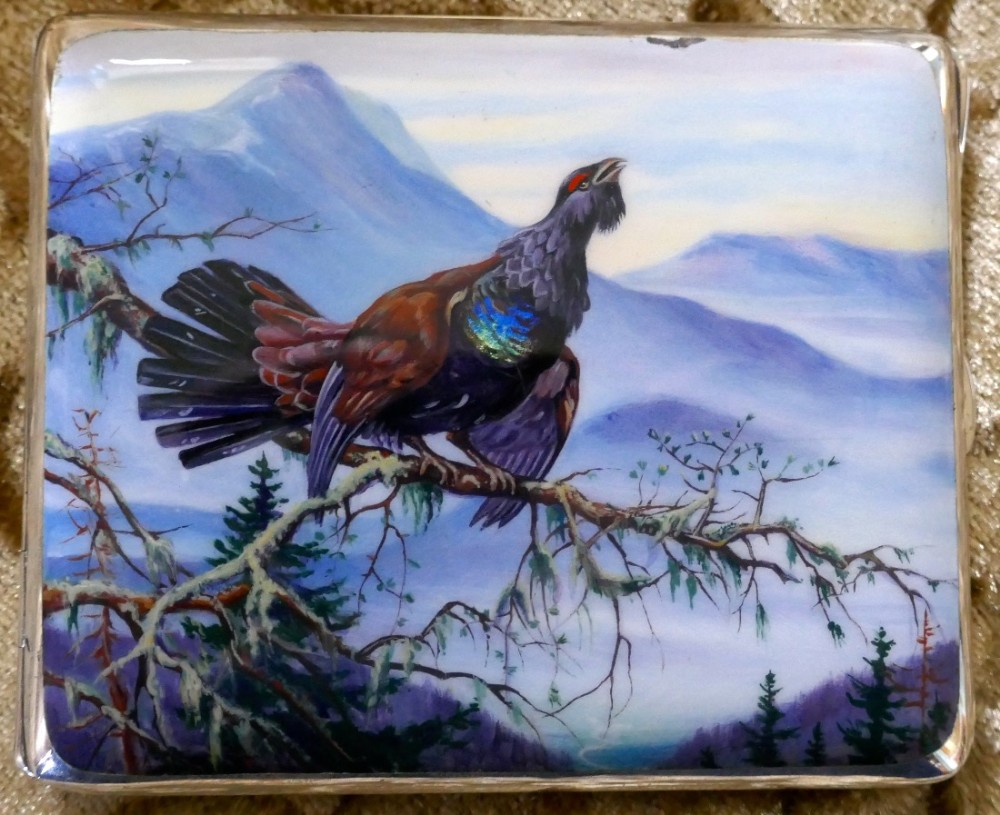Silver and Enamel Wild Game Scene Cigarette Case or Card Case 