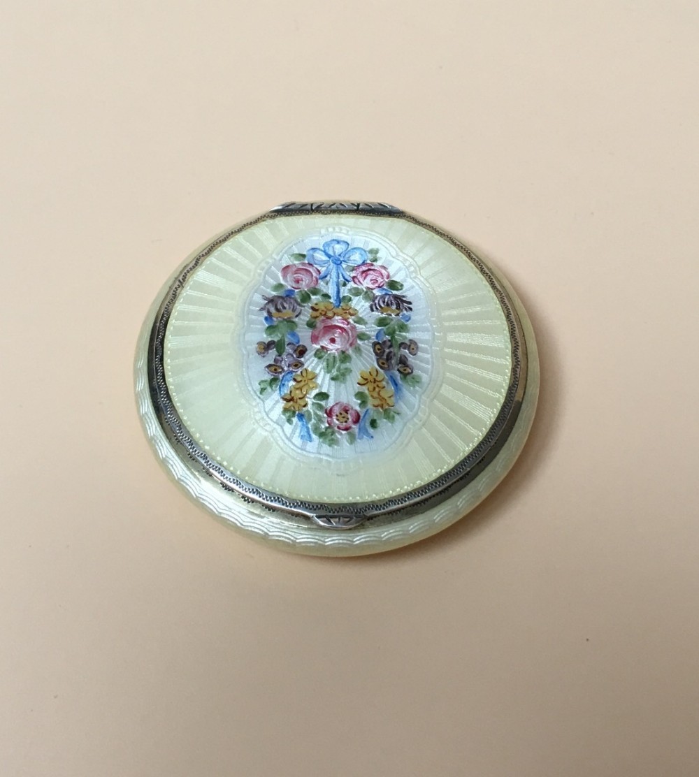 Sterling Silver Guilloche Enamel Compact Case, with a Garland of Flowers 