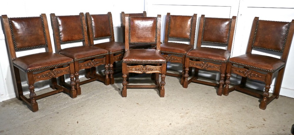 Set of 8, 19th Century Carved Oak and Leather Dining Chairs