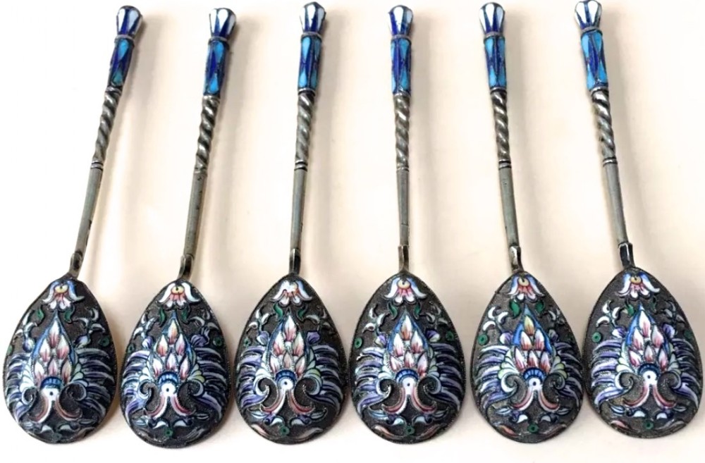 A Good Set Of 6 Russian Imperial Silver Cloisonné Enamel Spoons    