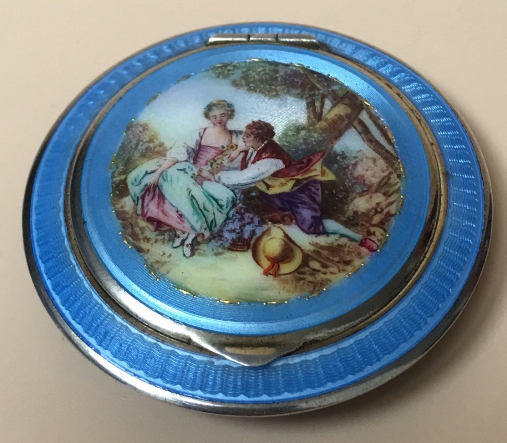 Charming German Sterling Silver Guilloche Enamel Compact Case