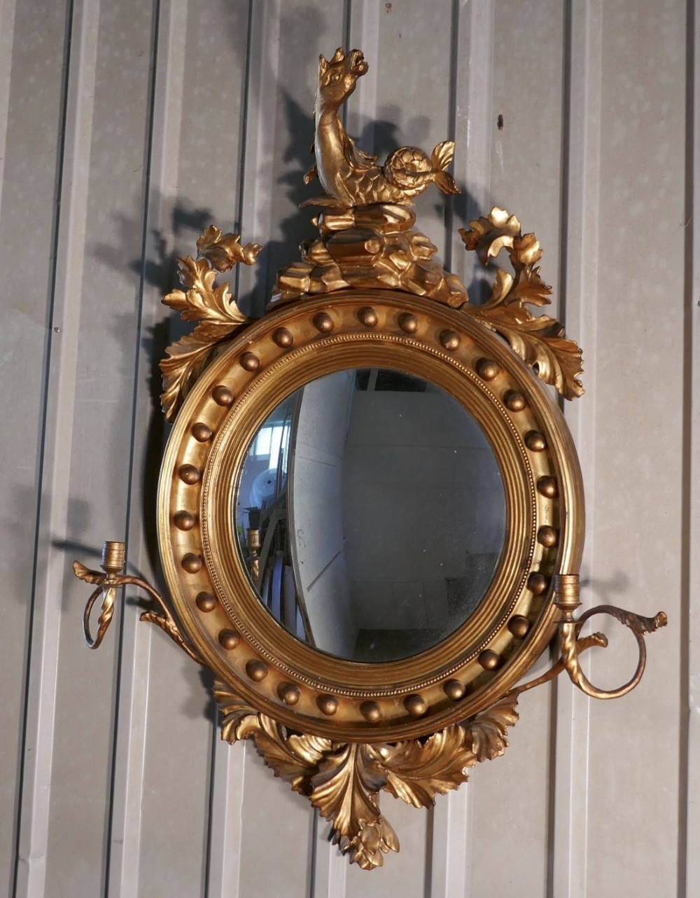 A Large Regency Convex Gilt Girondole Wall Mirror 