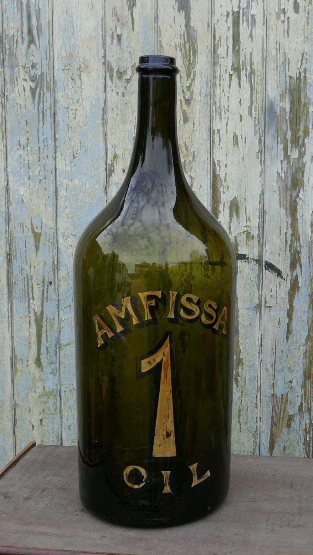 Giant 19th Century Greek Olive Oil Bottle with Gold Number and Lable