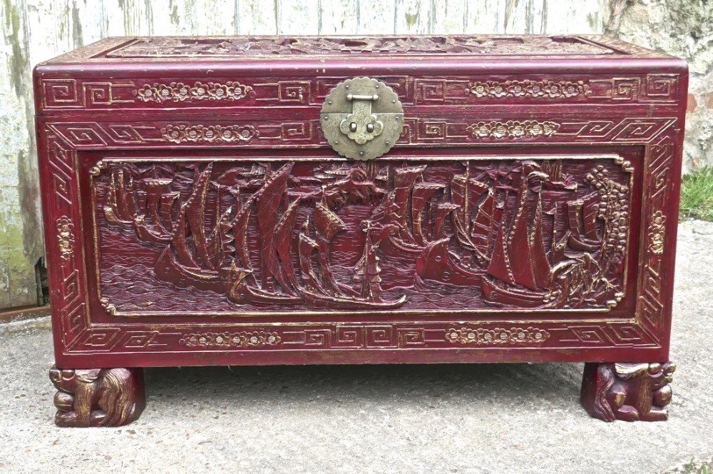Large Carved Oriental Camphor Wood Chest
