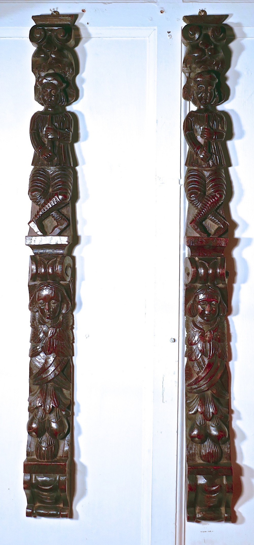 Pair of 19th Century Large Oak Caryatid Figures of Angels and Musicians 