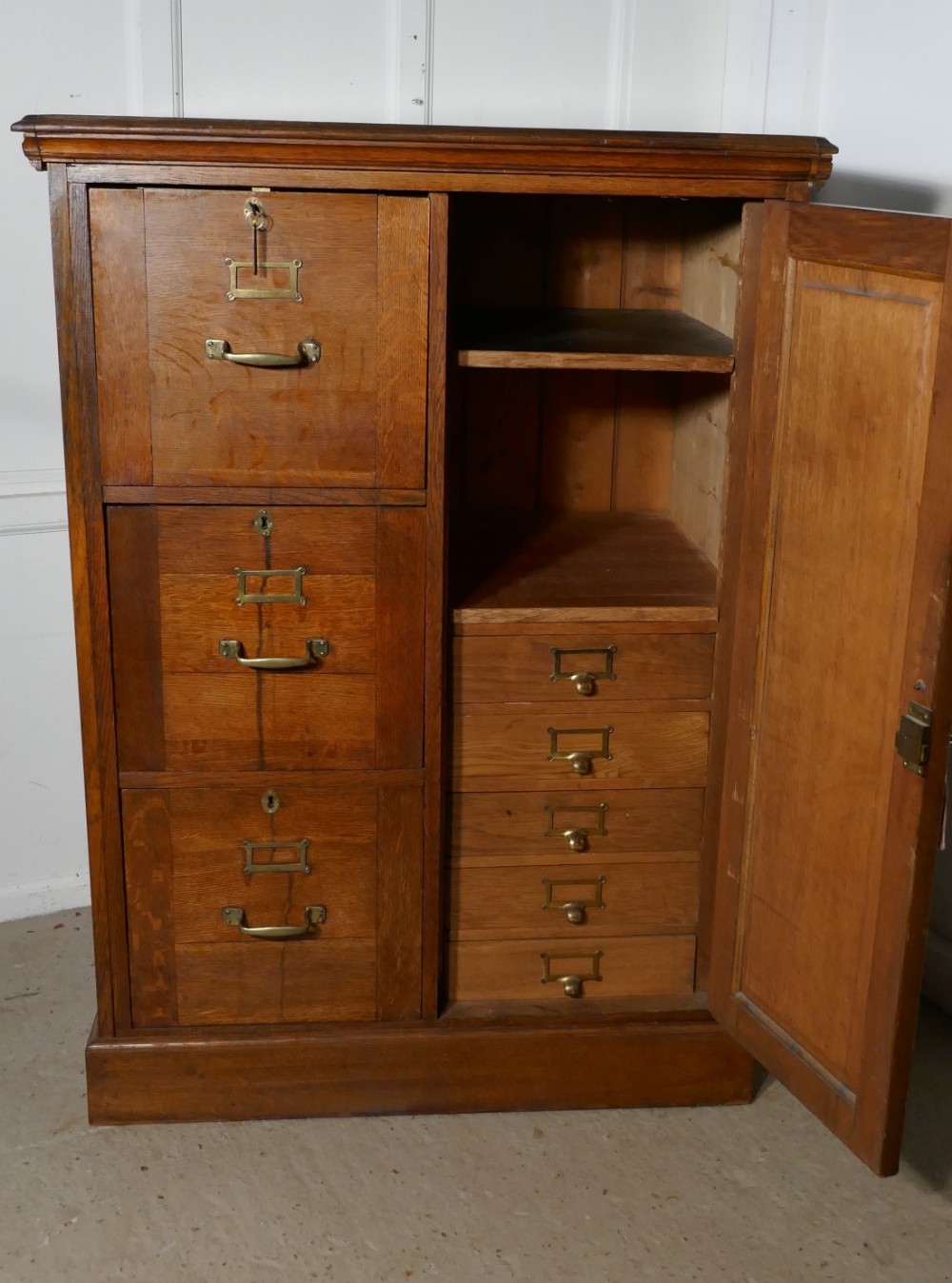 Large Edwardian Oak Filing Cabinet, Office Cupboard