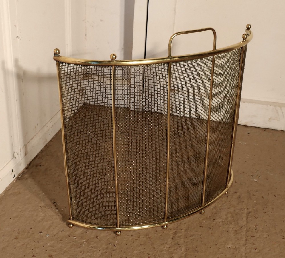 Victorian Curved Brass Fire Guard, Spark Screen