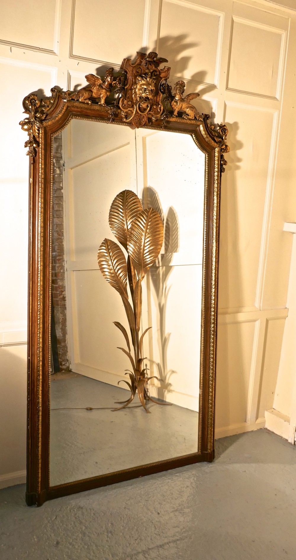Very Large French Mirror, Winged Sphinx and Lyons Mask Crest