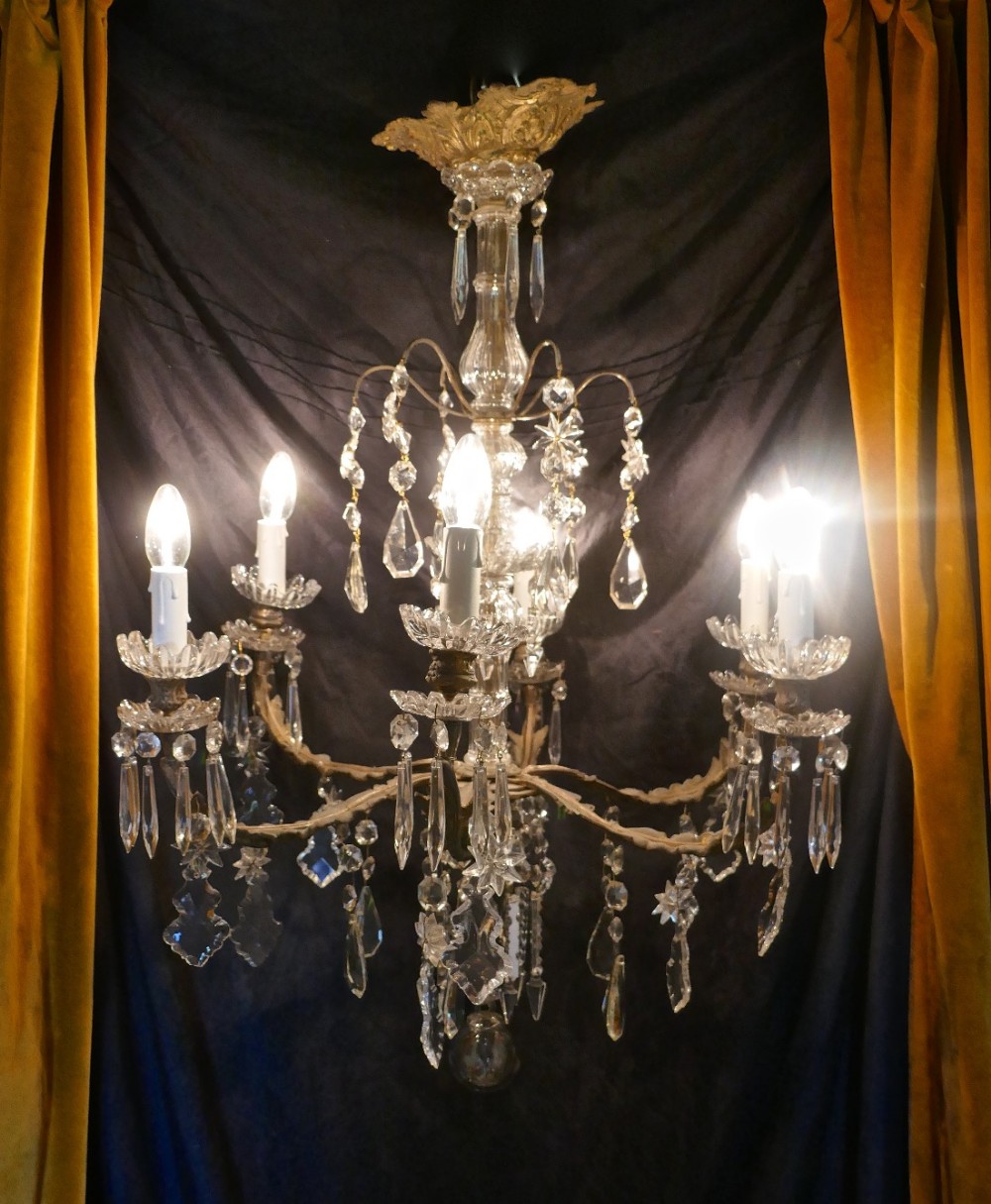 A Stunning French Cristal 6 Branch Brass Chandelier