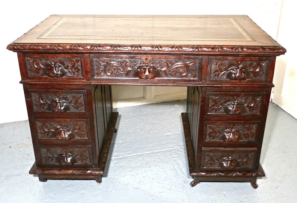 Victorian Green Man Carved Oak Pedestal Desk
