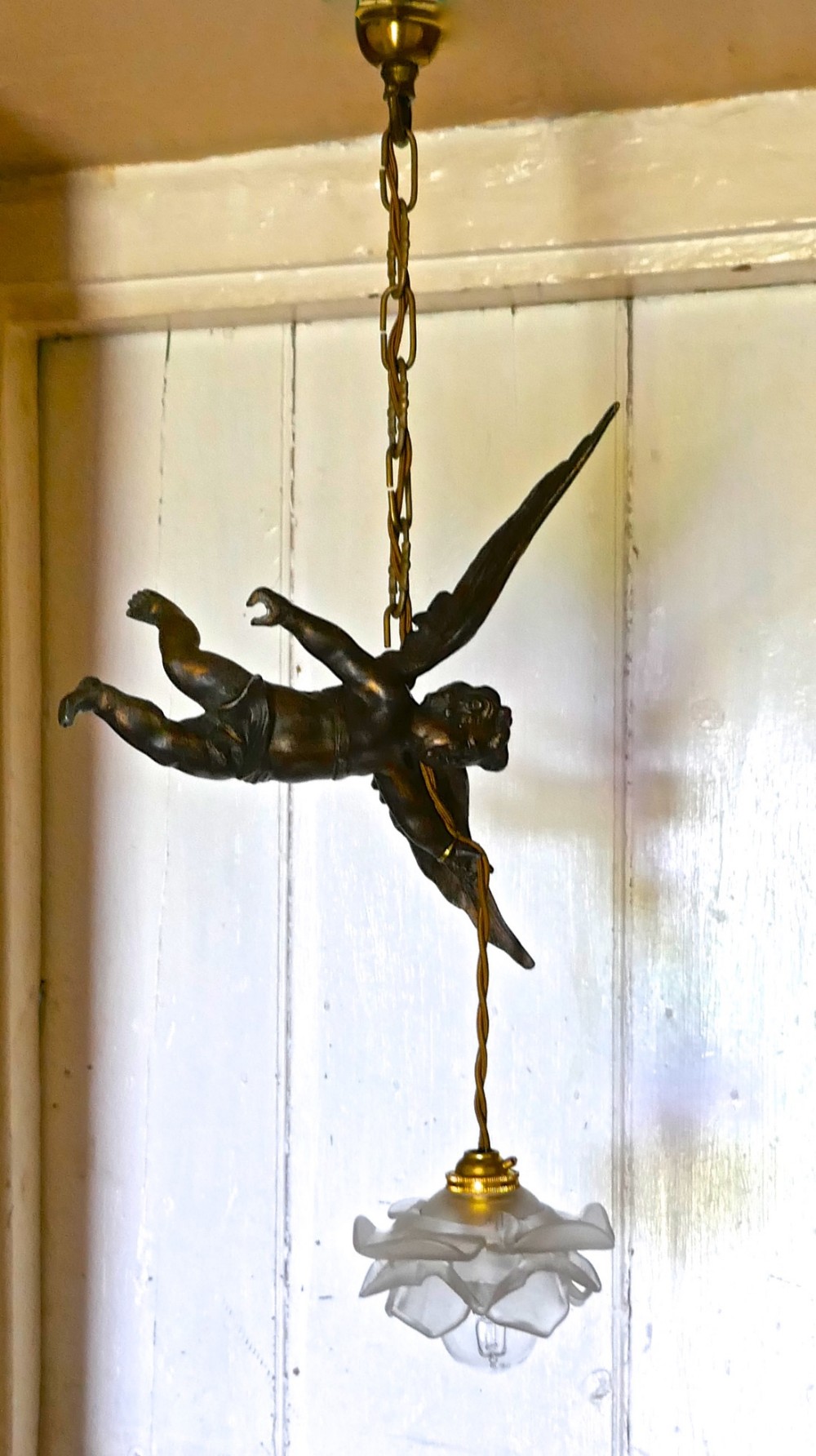 A Pretty French Ormolu Cherub Ceiling Pendant 