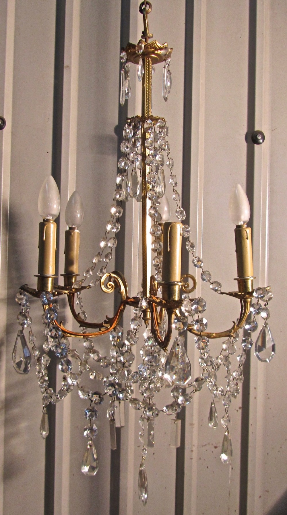 A Charming and Large French Cut Glass and Brass 5 Branch Chandelier