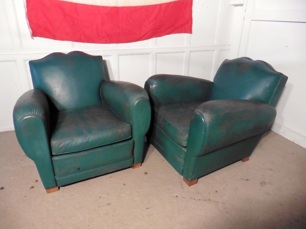 A Pair of French Art Deco Leather Club Chairs in Green