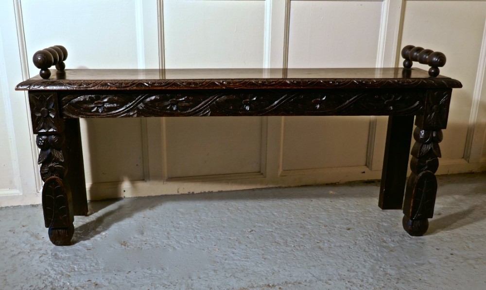 19th Century Carved Gothic Oak Window Seat or Hall bench