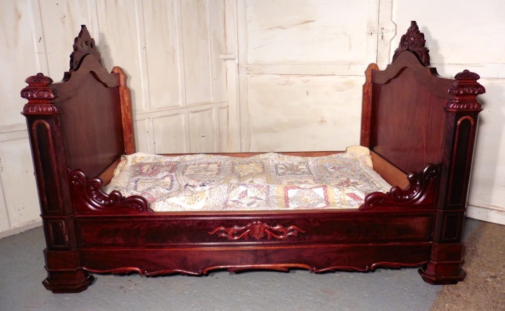 French Flame Mahogany and Walnut Sleigh Bed or Empire Style Day Bed