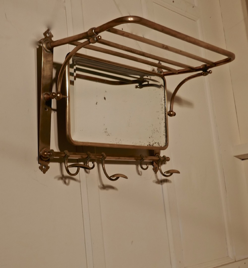 French Art Deco Brass Hat and Coat Shelf Mirror From a Railway Train 