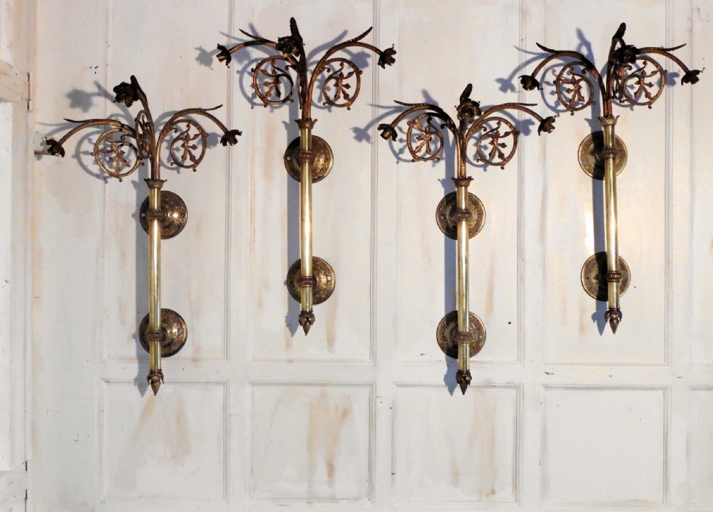 A Set of 4 French Very Large Brass Triple Wall Lights  View II