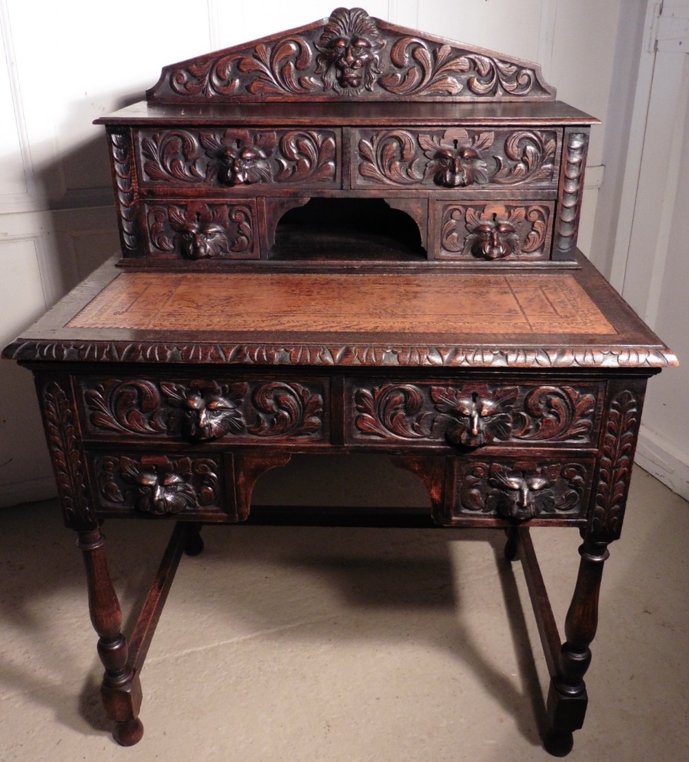 Green Man Oak Bonheur de Jour or Ladies writing Desk