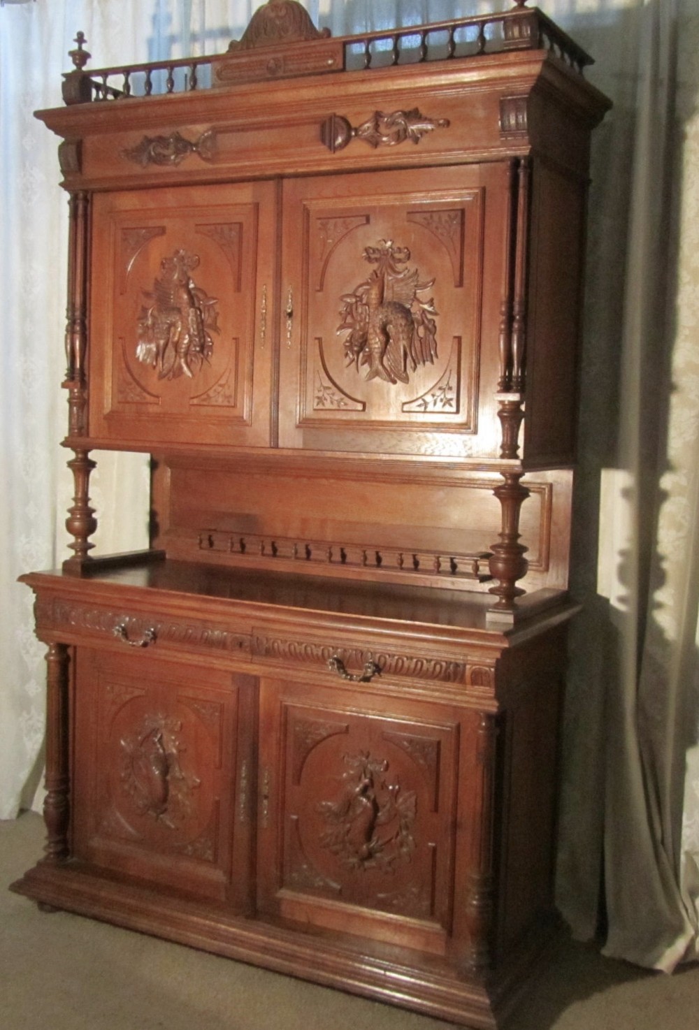 Large French Buffet de Corp, Carved Oak Game Cupboard
